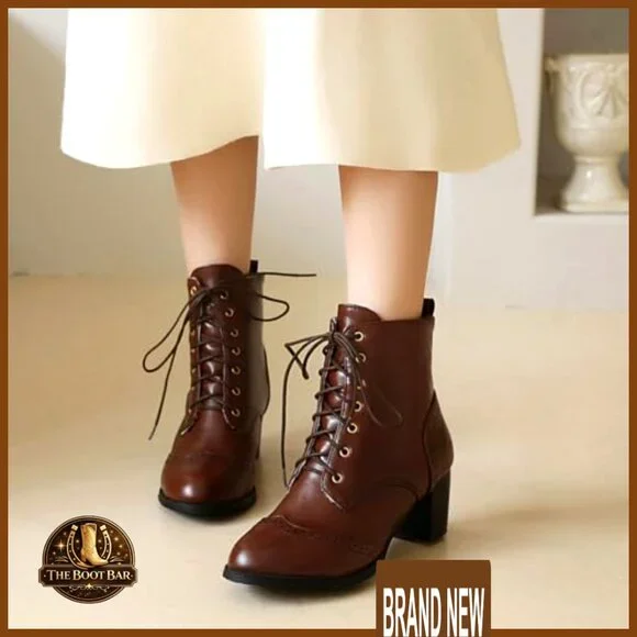 Chunky Heel Ankle Boots Lace Up Side Zip Dress Shoes Elegant Chic Retro - Picture 5 of 7